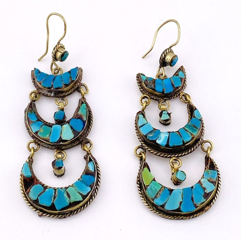 Vintage to Antique Tibetan Silver Turquoise Inlay Earrings Big Beautiful 3" Drop